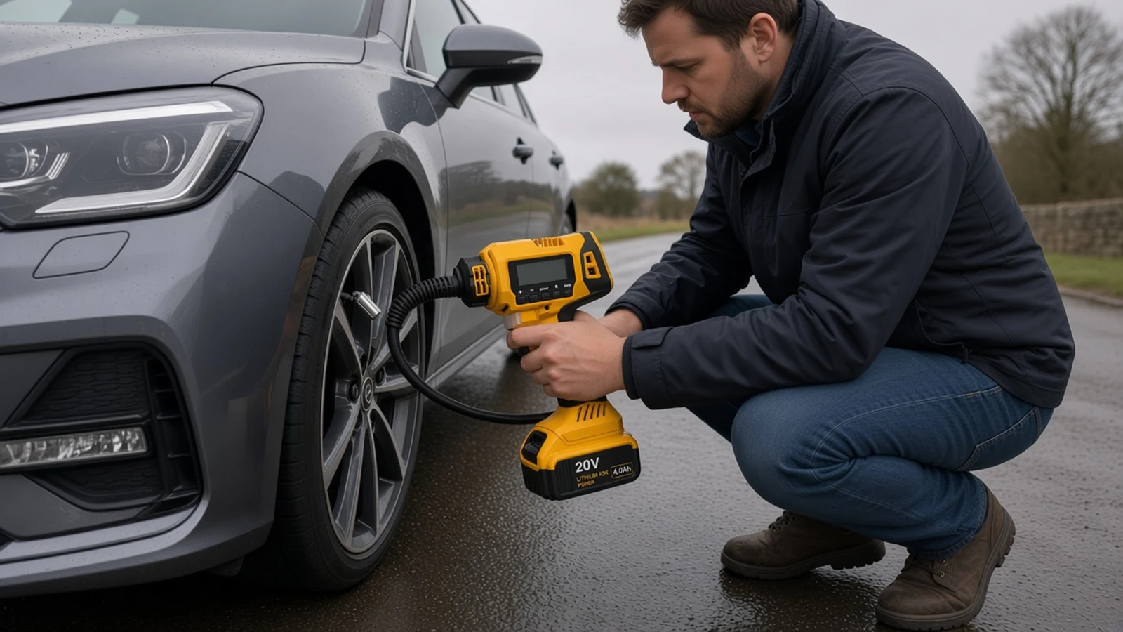 Checking a car spare wheel with a portable tyre inflator before a UK long trip