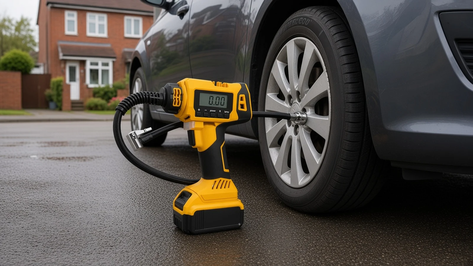 Driver topping up a car tyre with a cordless digital inflator on a frosty UK morning