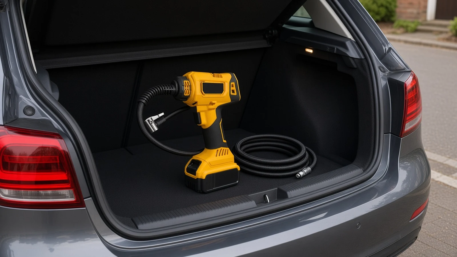 Clearing a tyre pressure warning by reinflating a UK car tyre with a cordless pump