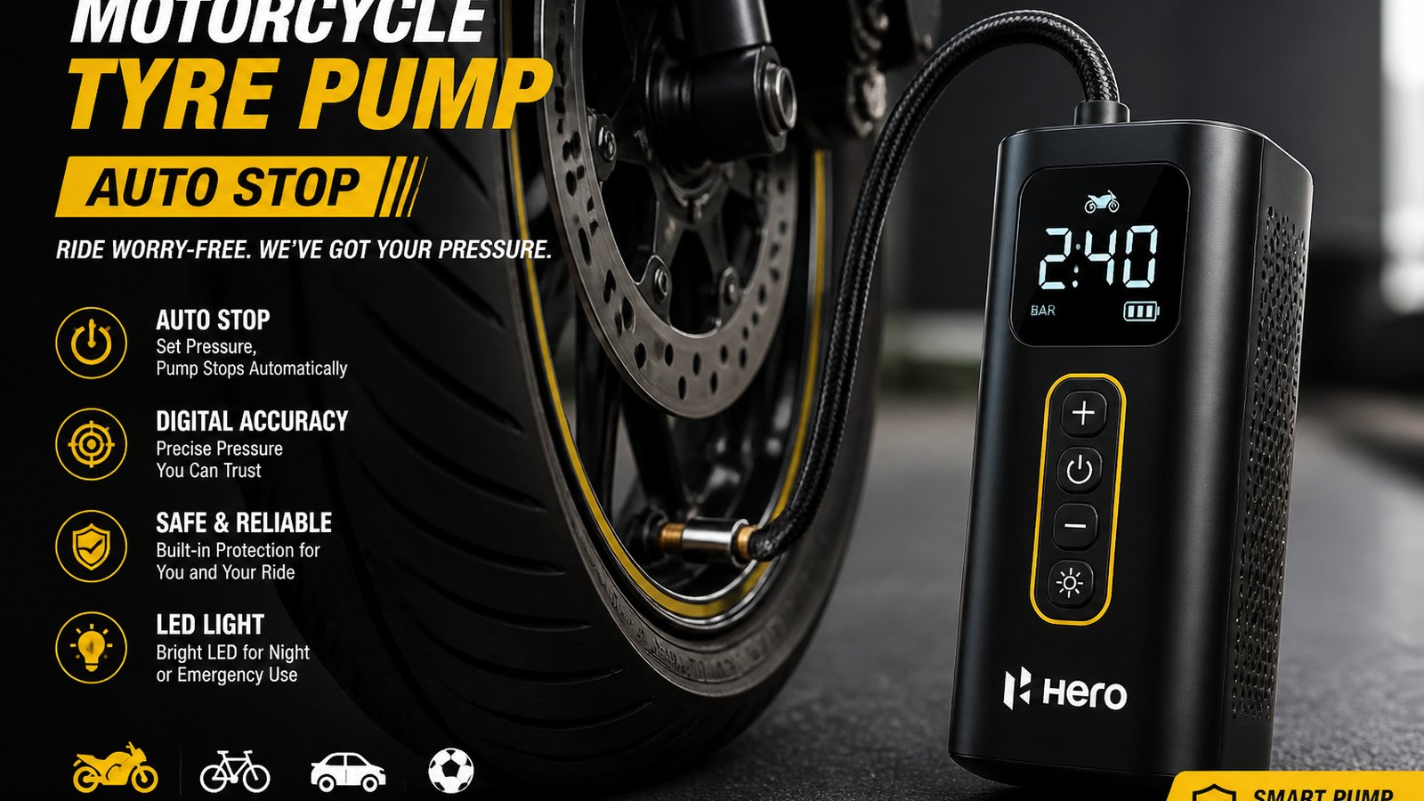 cordless portable digital tyre inflator in a clean UK lifestyle scene