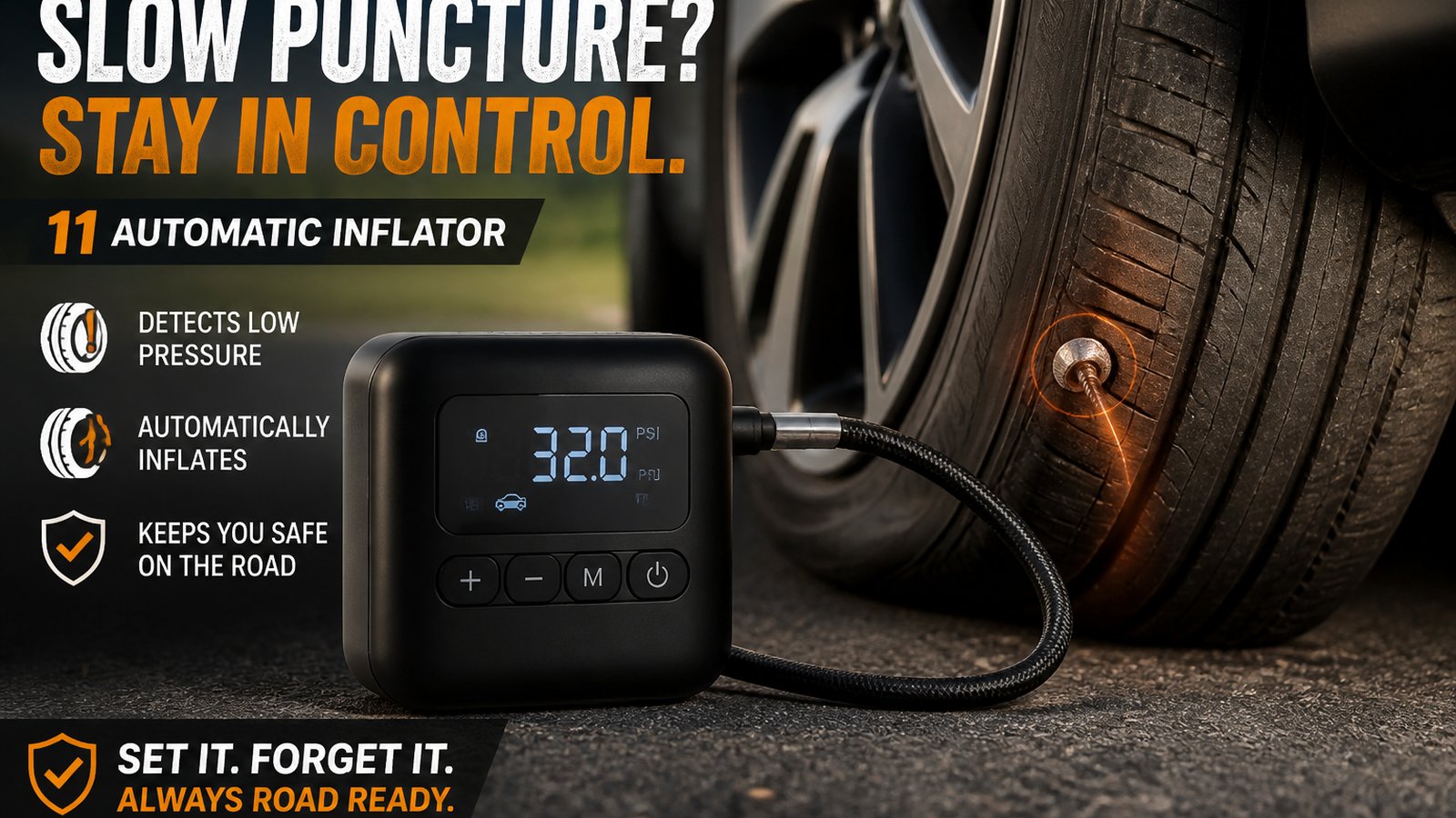 cordless portable digital tyre inflator in a clean UK lifestyle scene