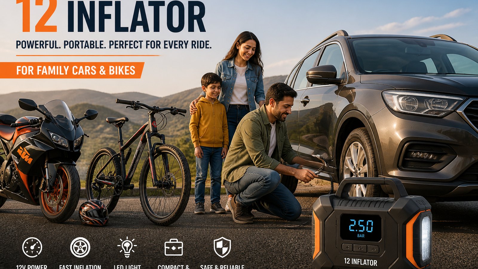 cordless portable digital tyre inflator in a clean UK lifestyle scene