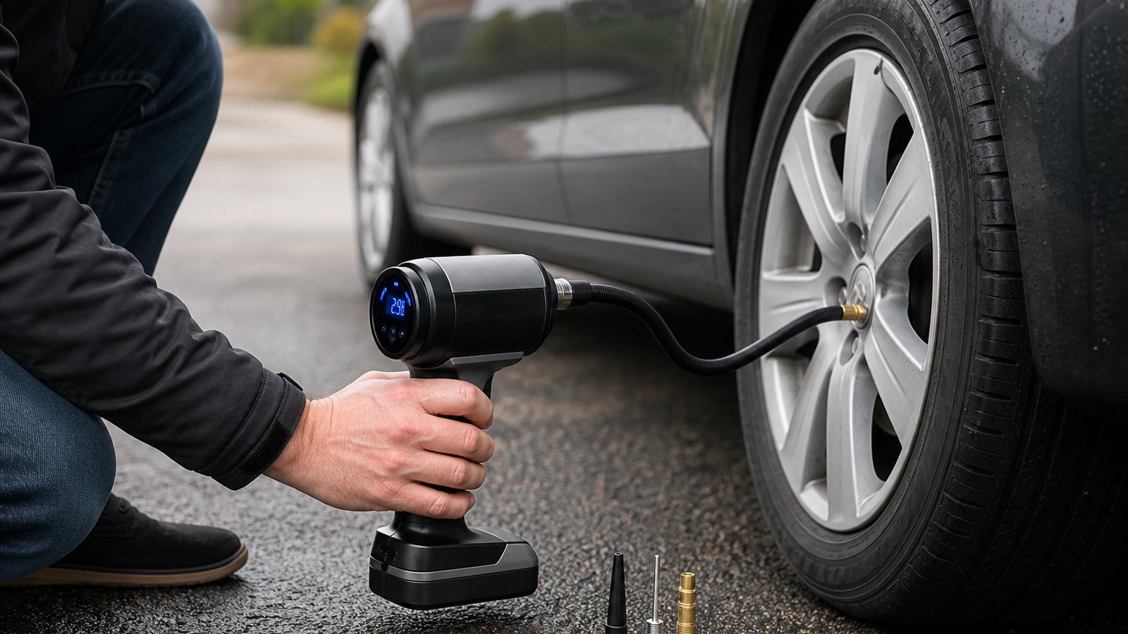 cordless portable digital tyre inflator in a clean UK lifestyle scene