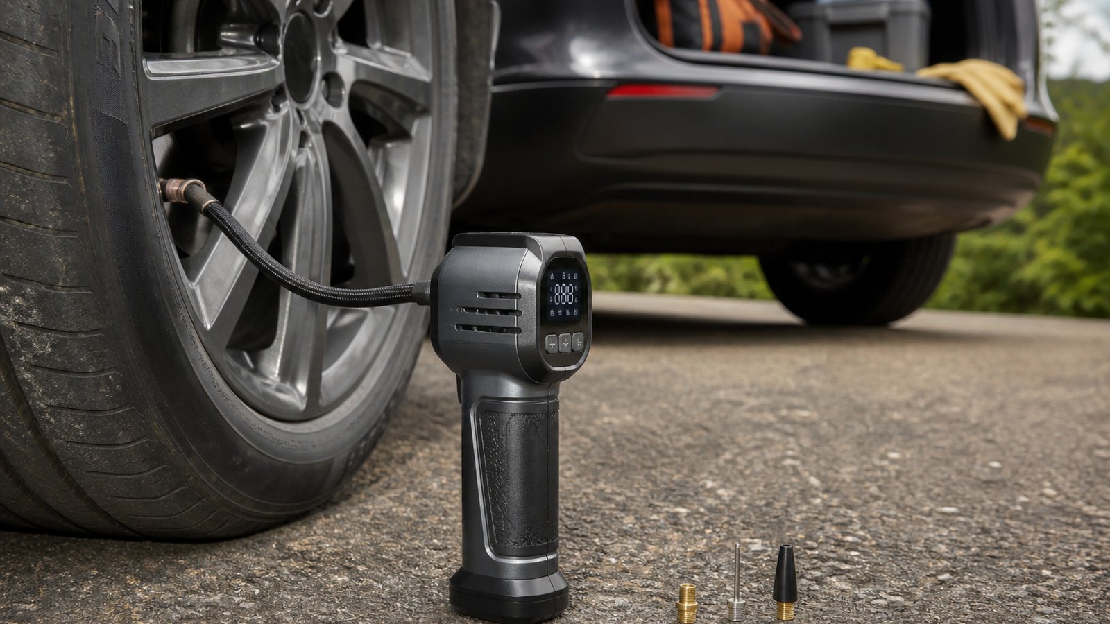 cordless portable digital tyre inflator in a clean UK lifestyle scene
