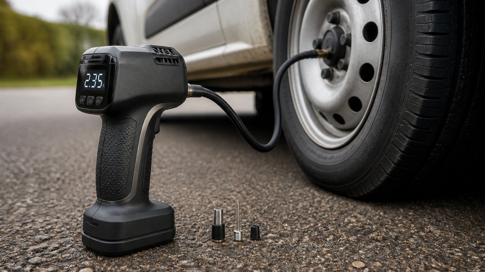 cordless portable digital tyre inflator in a clean UK lifestyle scene