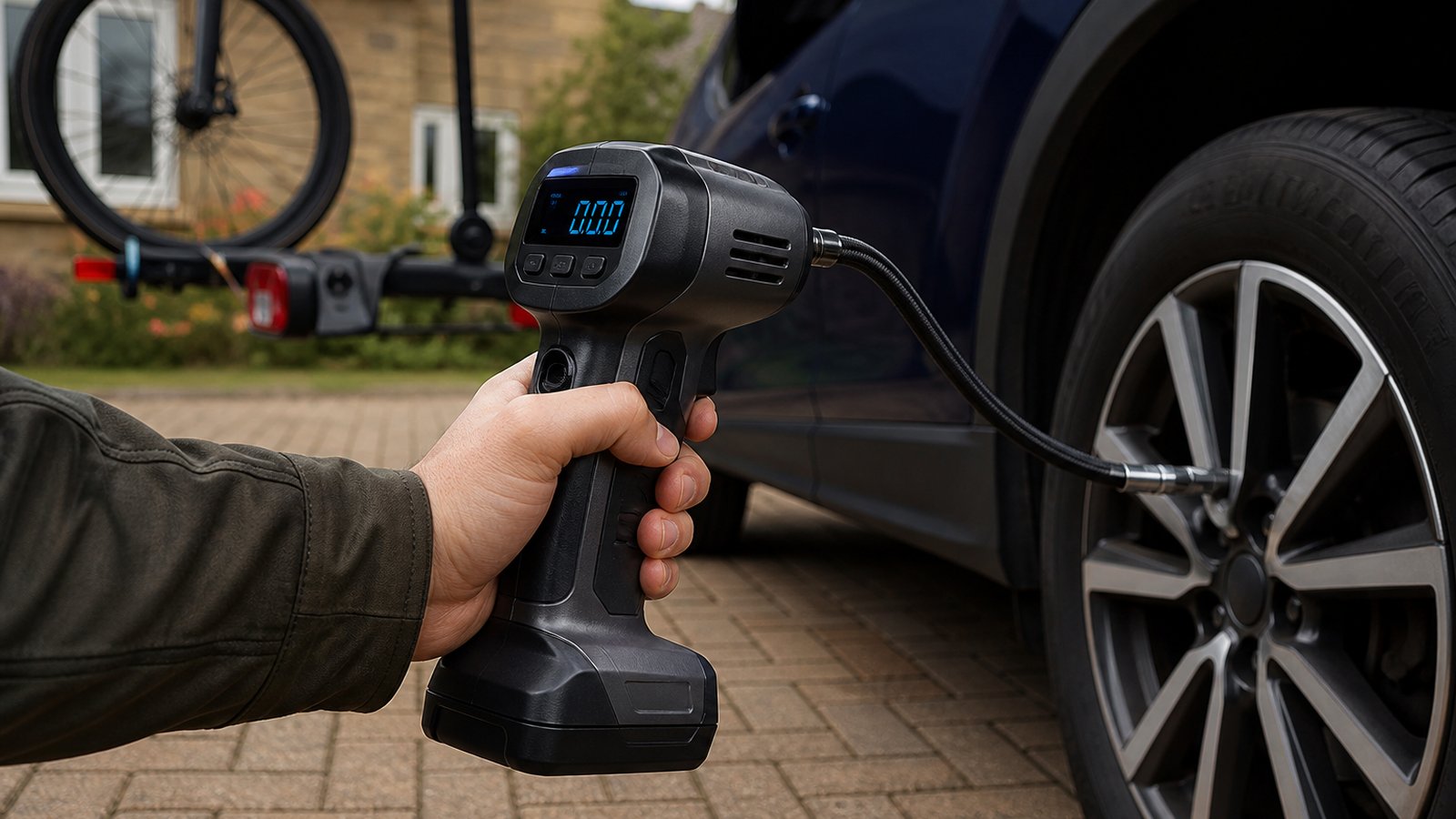 cordless portable digital tyre inflator in a clean UK lifestyle scene