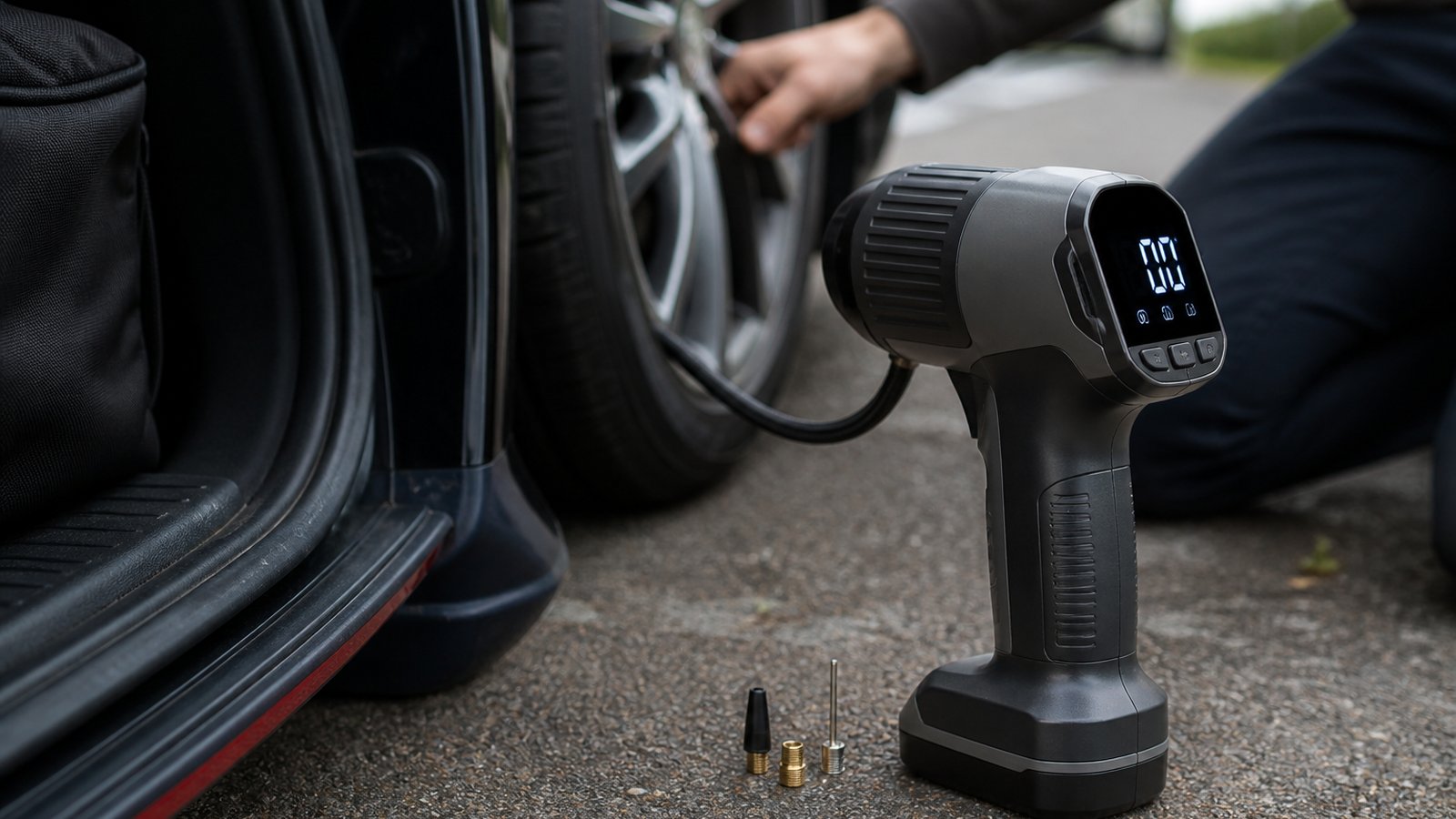 cordless portable digital tyre inflator in a clean UK lifestyle scene