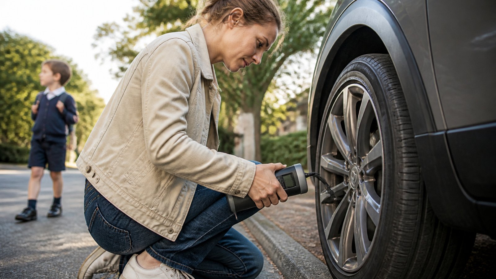 cordless portable digital tyre inflator in a clean UK lifestyle scene