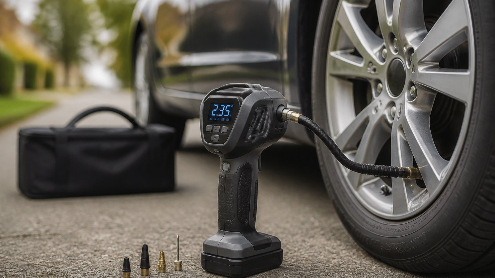 cordless portable digital tyre inflator in a clean UK lifestyle scene