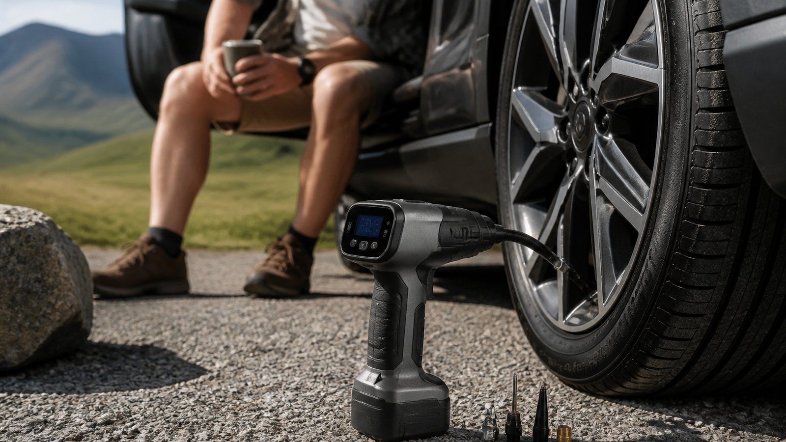 cordless portable digital tyre inflator in a clean UK lifestyle scene