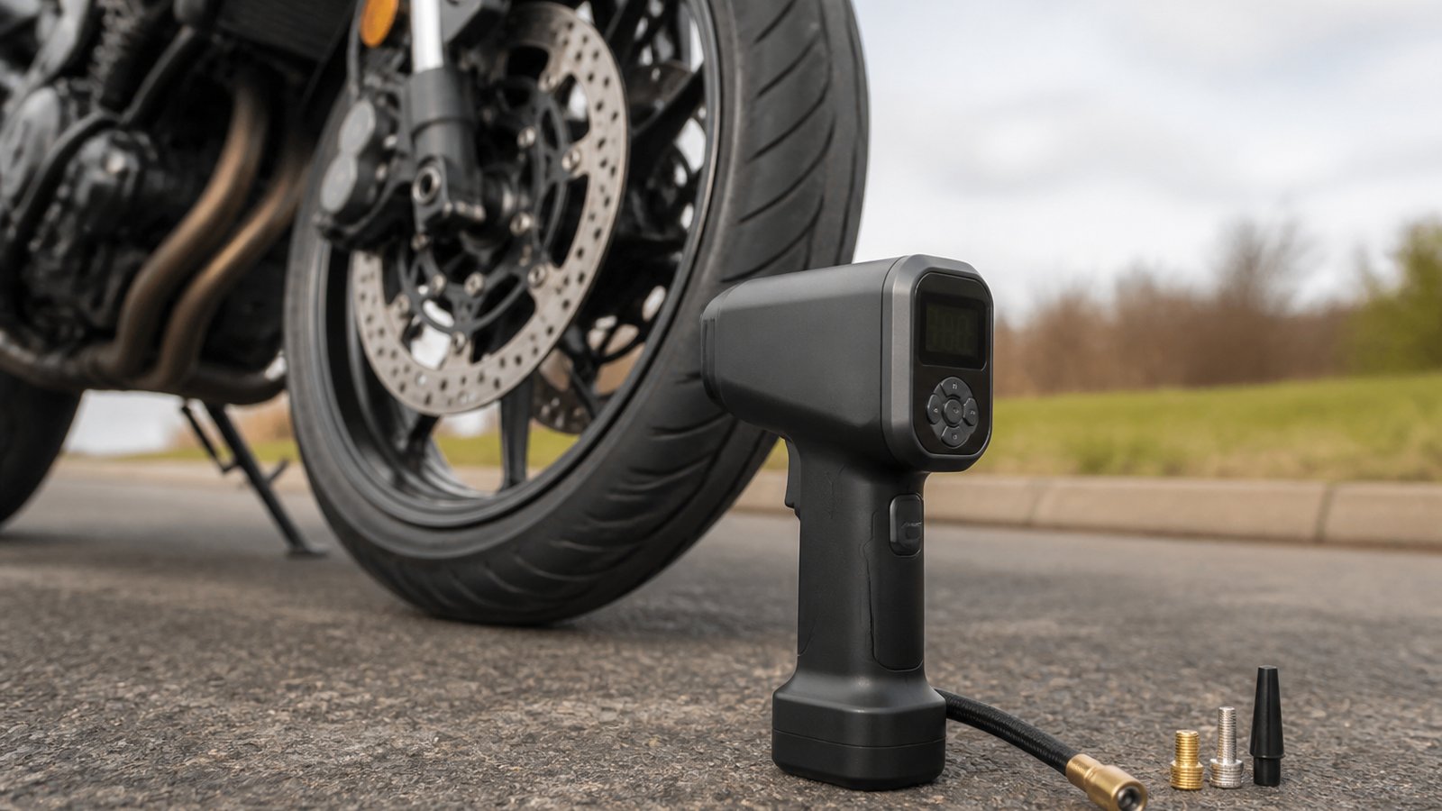 cordless portable digital tyre inflator in a clean UK lifestyle scene