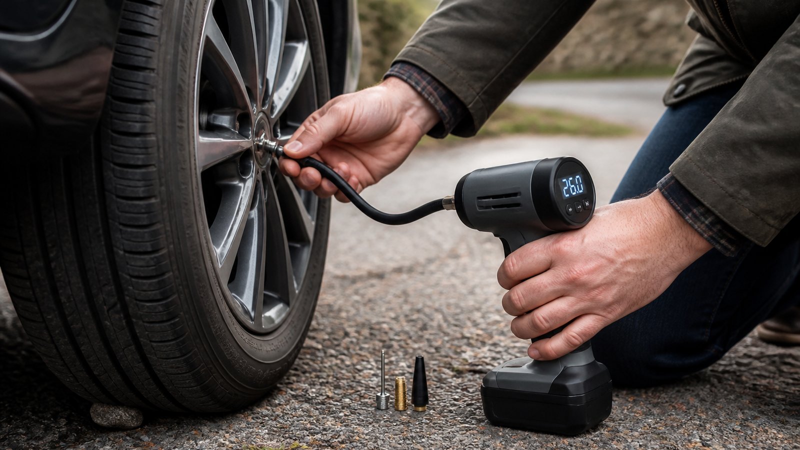 cordless portable digital tyre inflator in a clean UK lifestyle scene