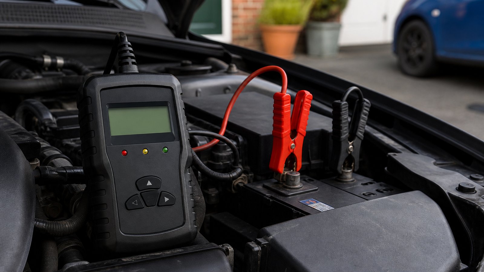 cordless portable digital tyre inflator in a clean UK lifestyle scene
