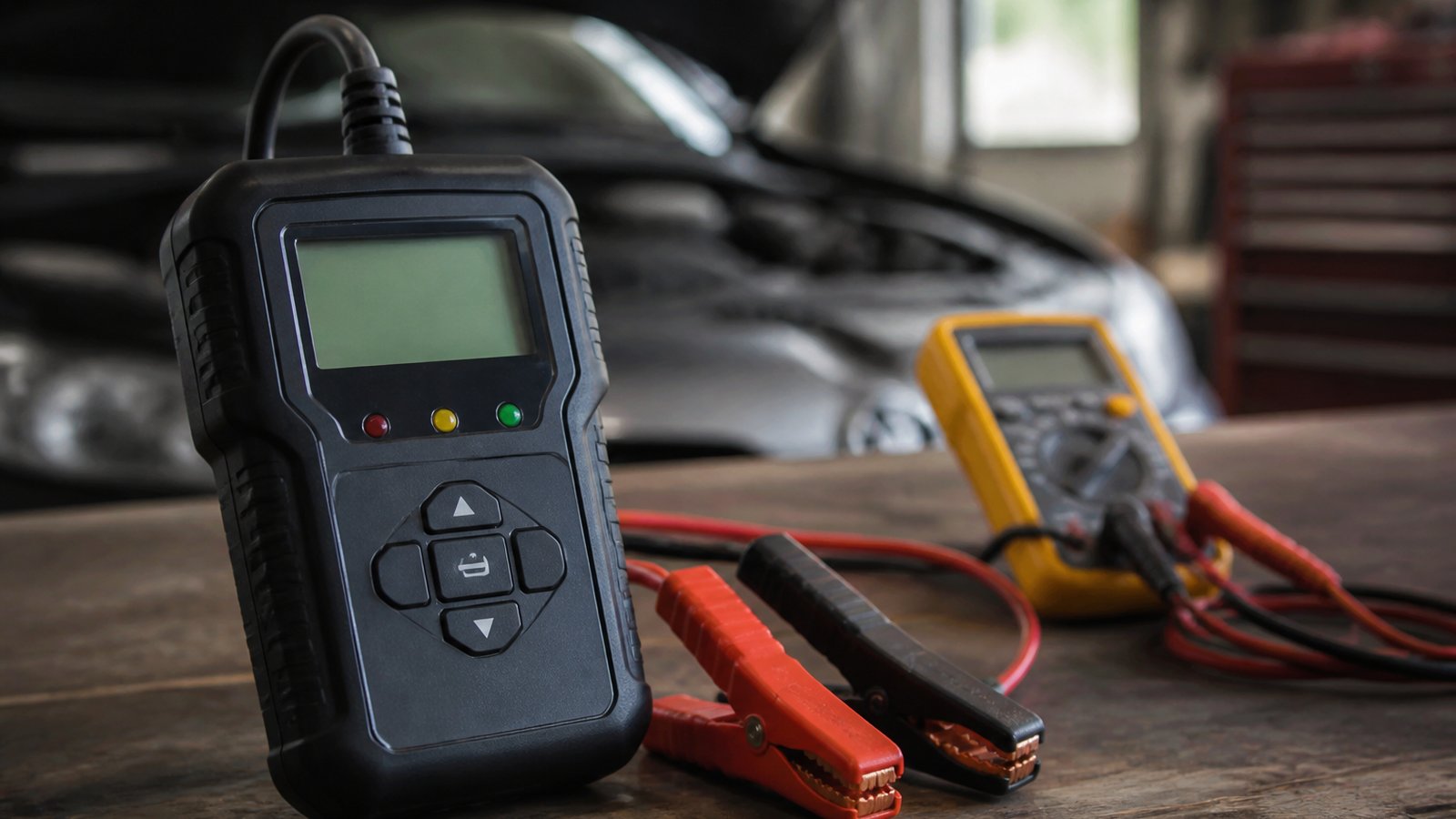 cordless portable digital tyre inflator in a clean UK lifestyle scene
