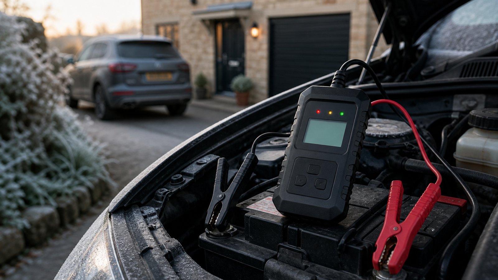 cordless portable digital tyre inflator in a clean UK lifestyle scene