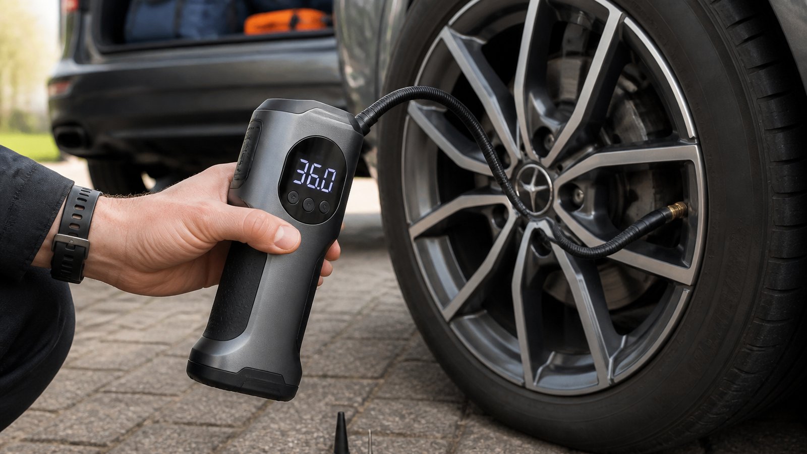 cordless portable digital tyre inflator in a clean UK lifestyle scene