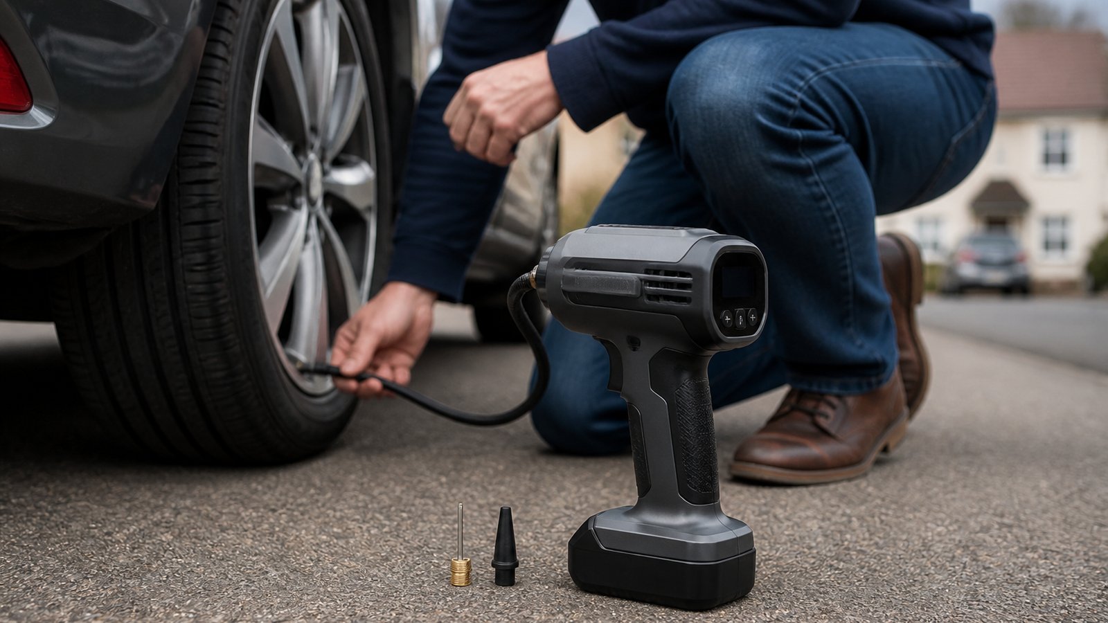 cordless portable digital tyre inflator in a clean UK lifestyle scene