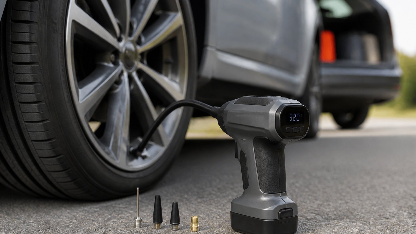 cordless portable digital tyre inflator in a clean UK lifestyle scene