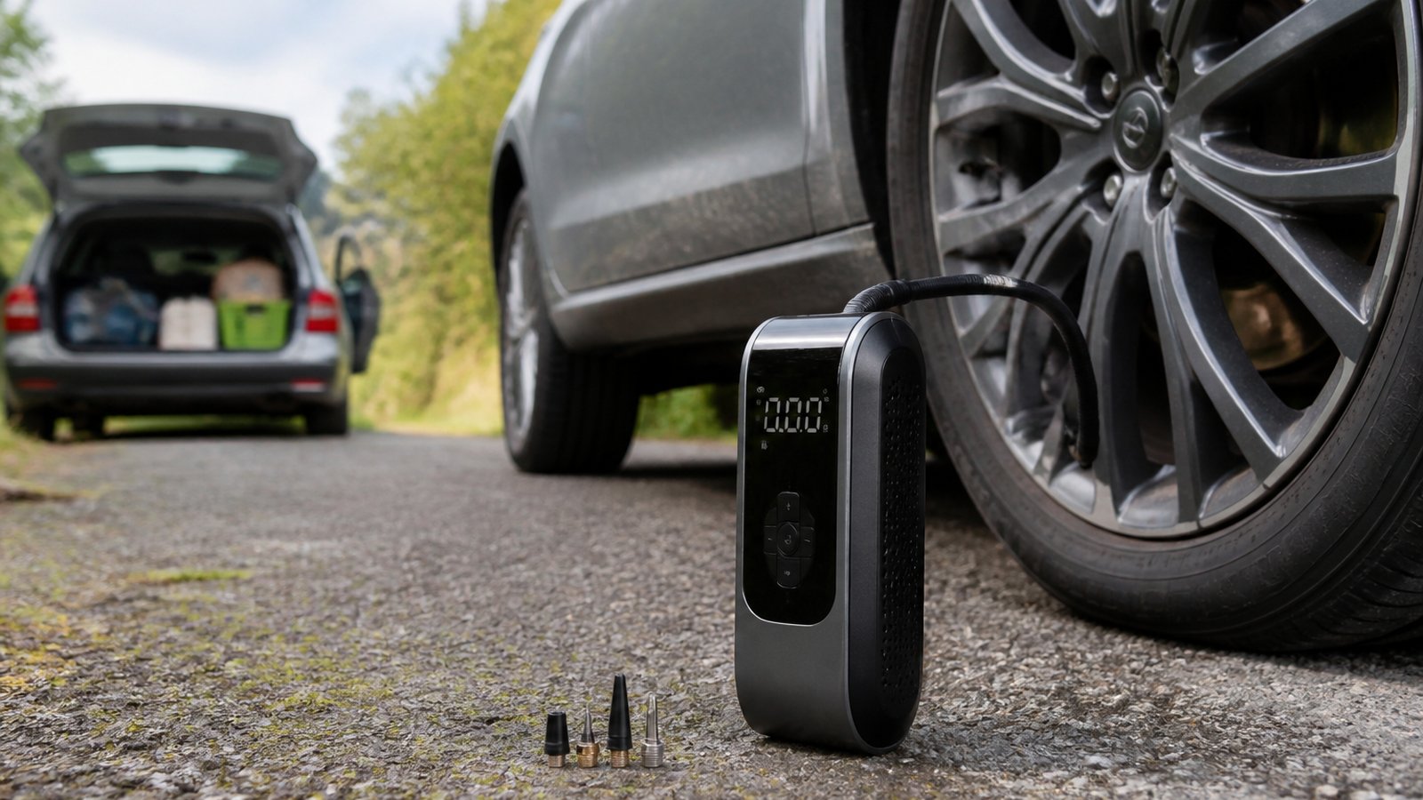 cordless portable digital tyre inflator in a clean UK lifestyle scene