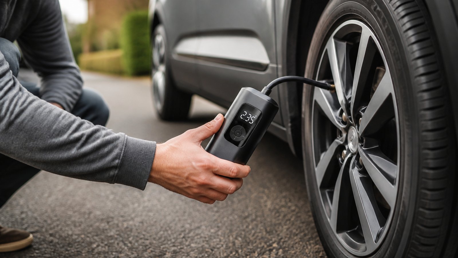 cordless portable digital tyre inflator in a clean UK lifestyle scene
