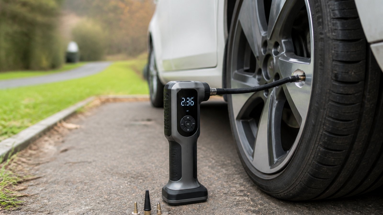 cordless portable digital tyre inflator in a clean UK lifestyle scene