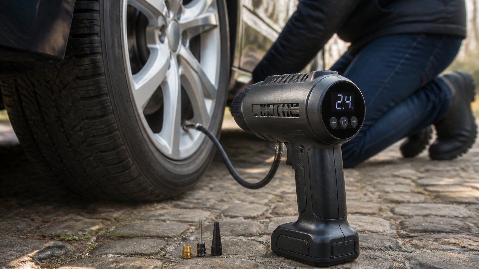 cordless portable digital tyre inflator in a clean UK lifestyle scene