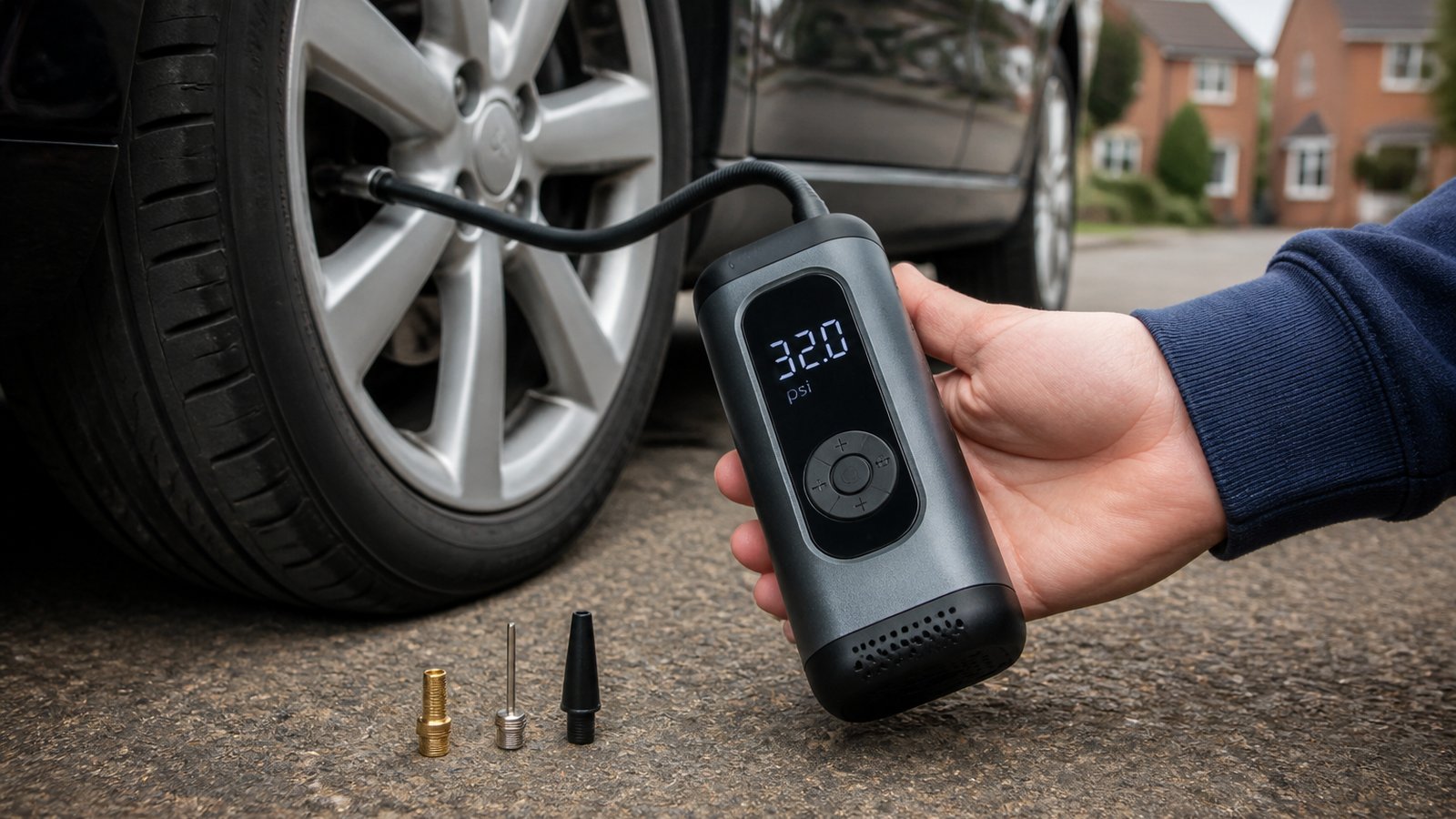 cordless portable digital tyre inflator in a clean UK lifestyle scene