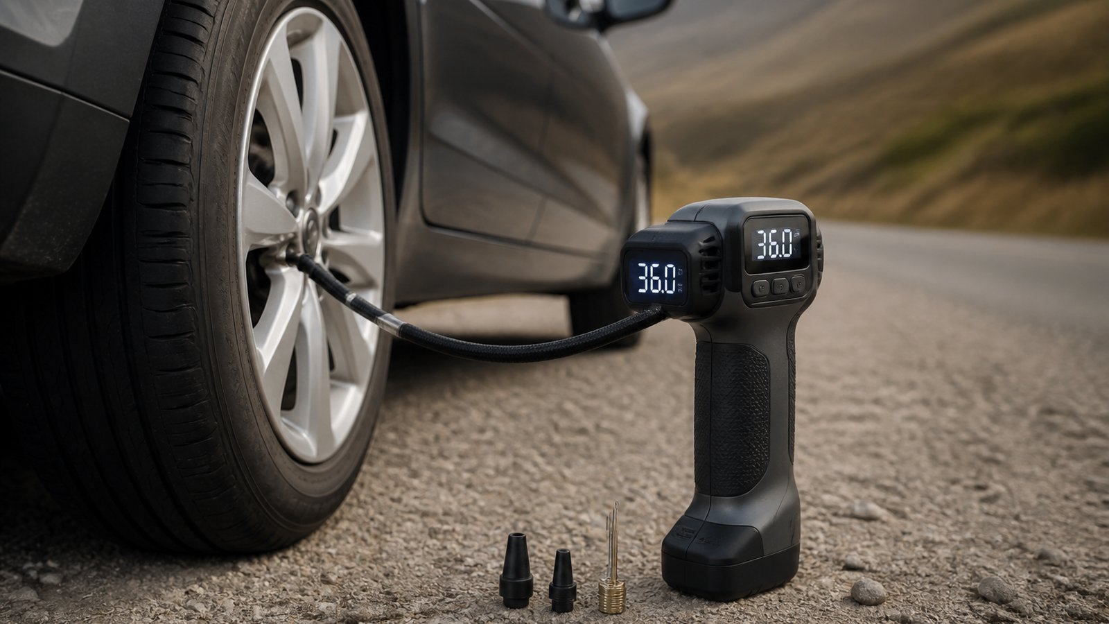 cordless portable digital tyre inflator in a clean UK lifestyle scene