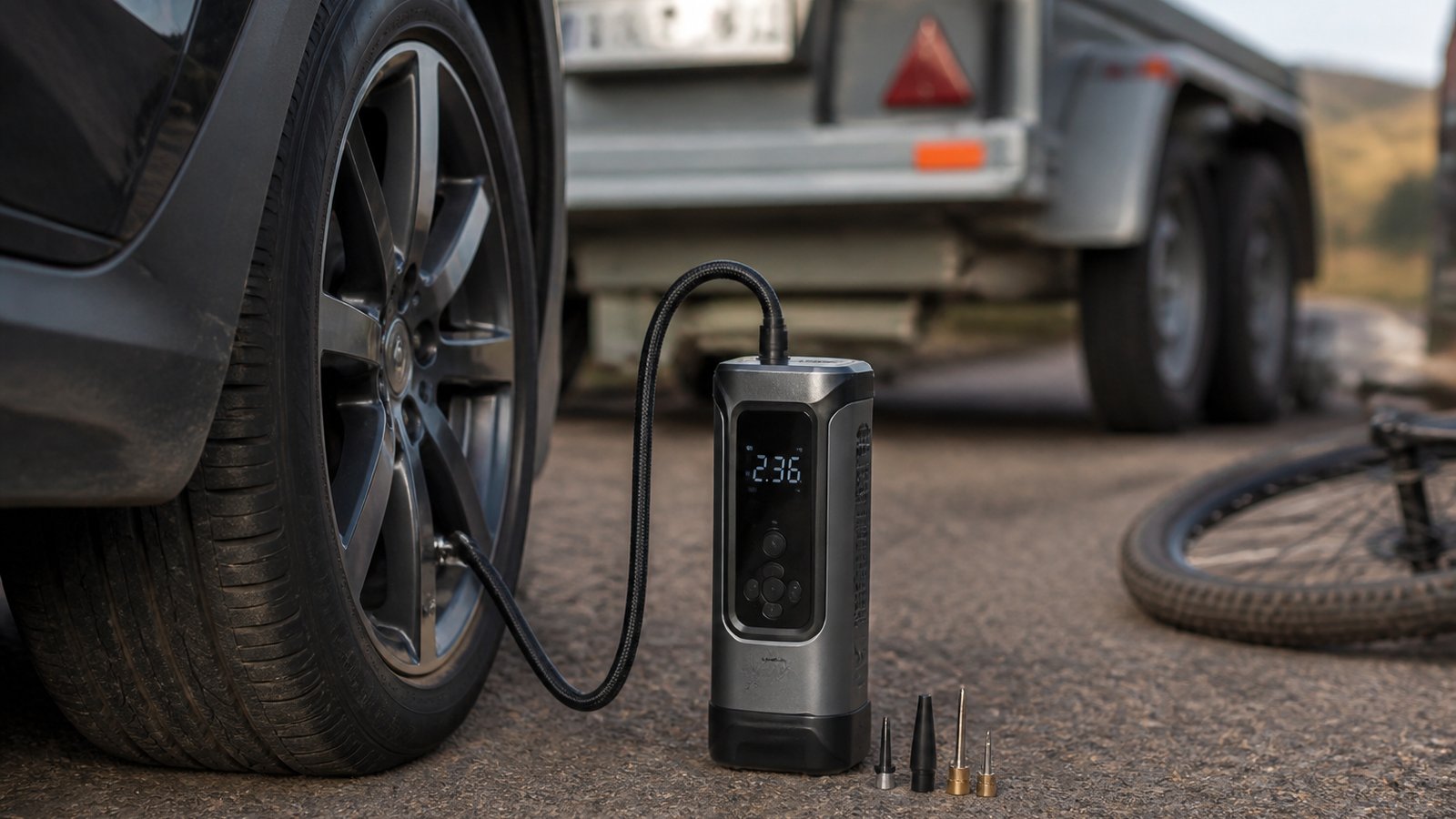 cordless portable digital tyre inflator in a clean UK lifestyle scene
