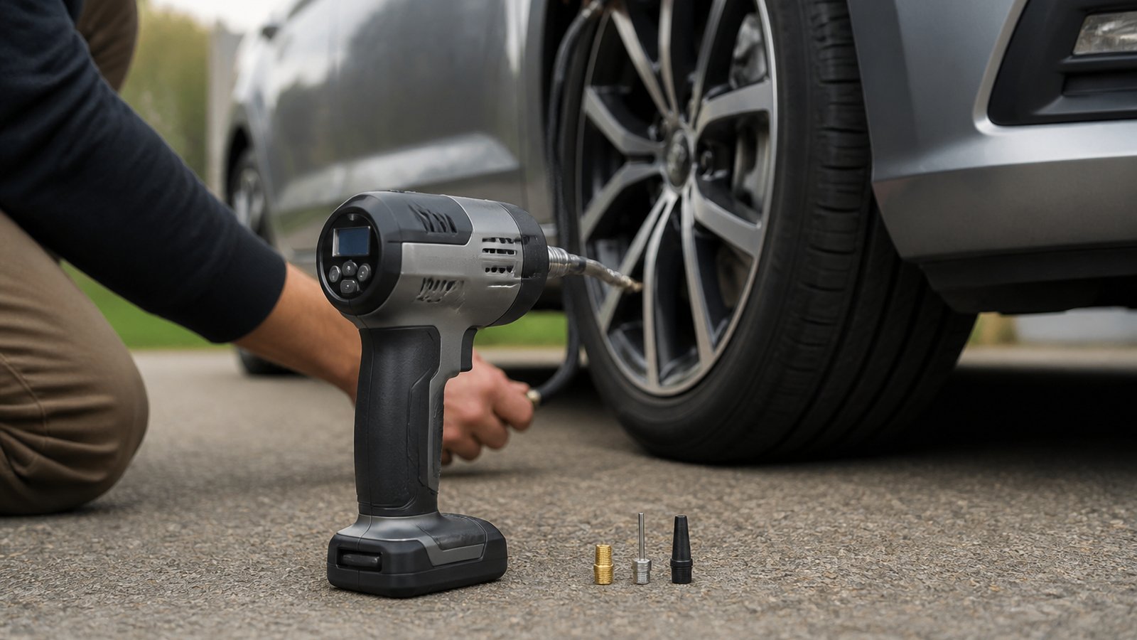 cordless portable digital tyre inflator in a clean UK lifestyle scene