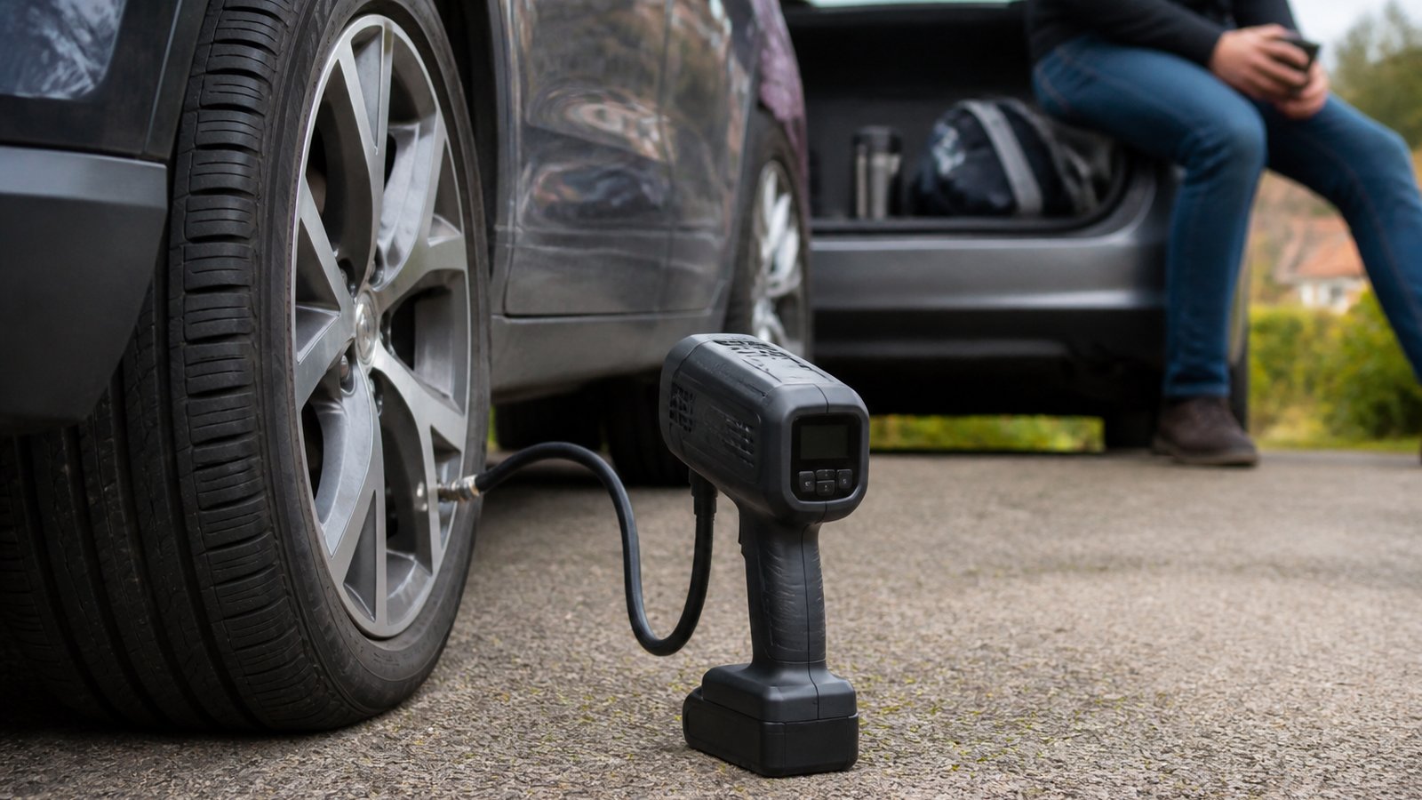 cordless portable digital tyre inflator in a clean UK lifestyle scene
