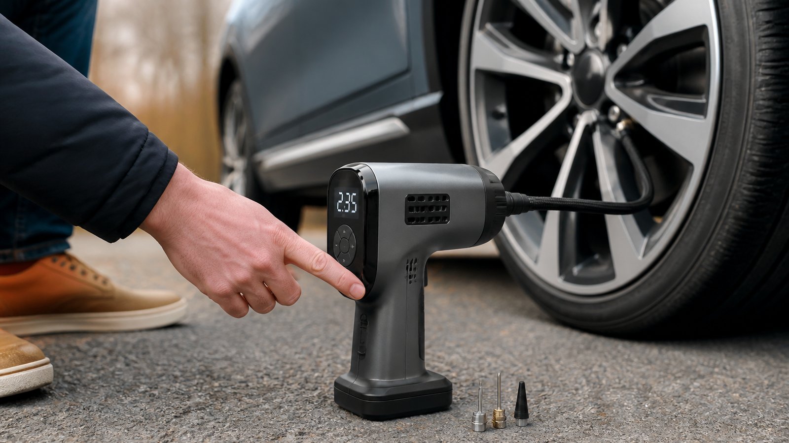 cordless portable digital tyre inflator in a clean UK lifestyle scene
