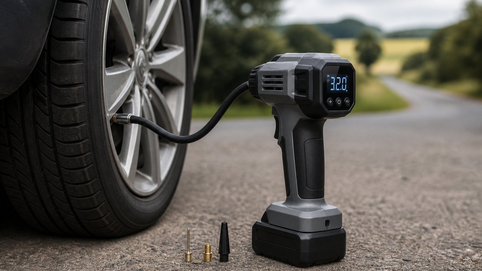 cordless portable digital tyre inflator in a clean UK lifestyle scene