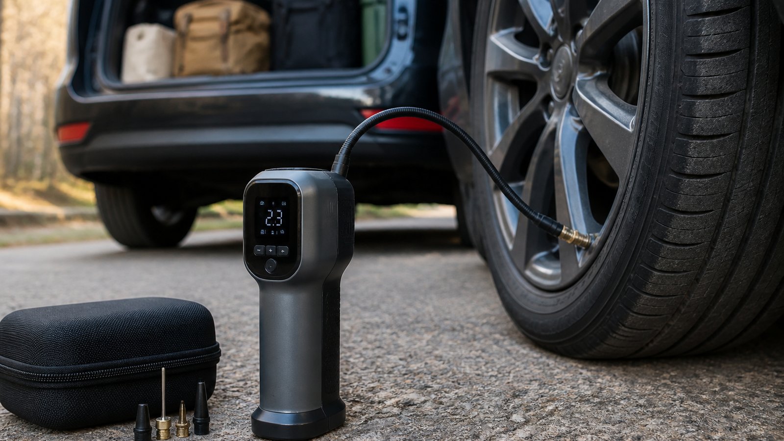 cordless portable digital tyre inflator in a clean UK lifestyle scene