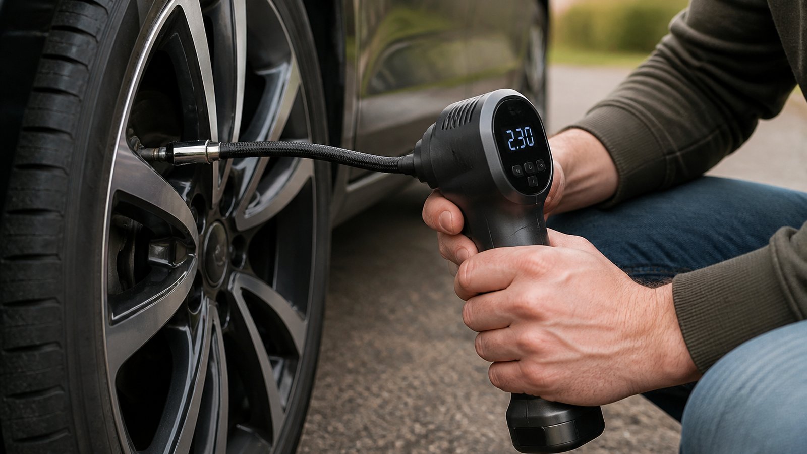 cordless portable digital tyre inflator in a clean UK lifestyle scene
