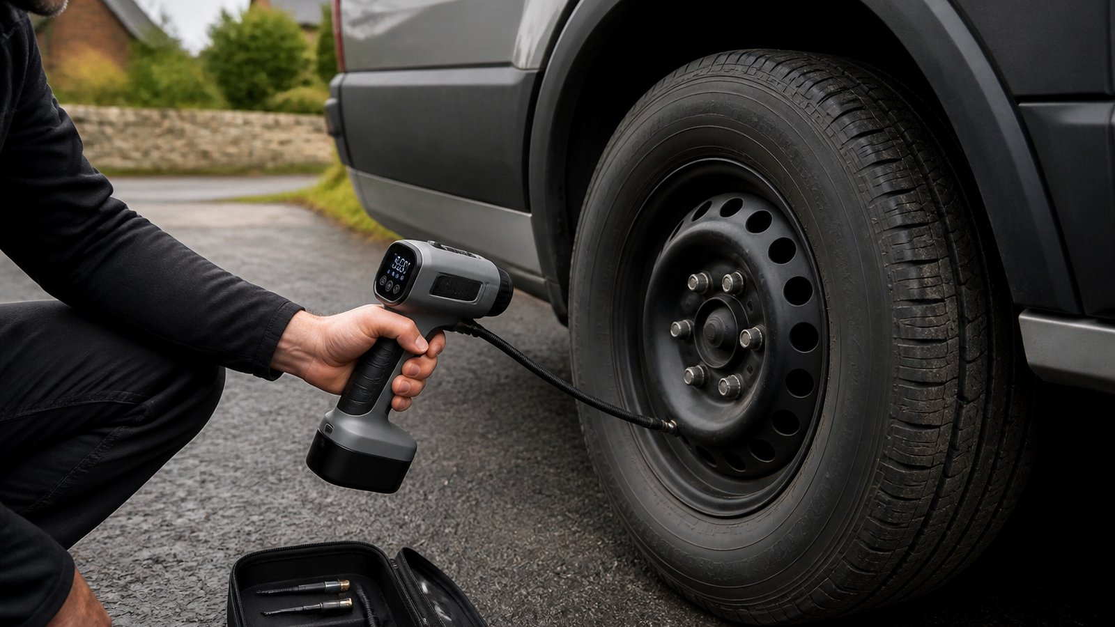 cordless portable digital tyre inflator in a clean UK lifestyle scene