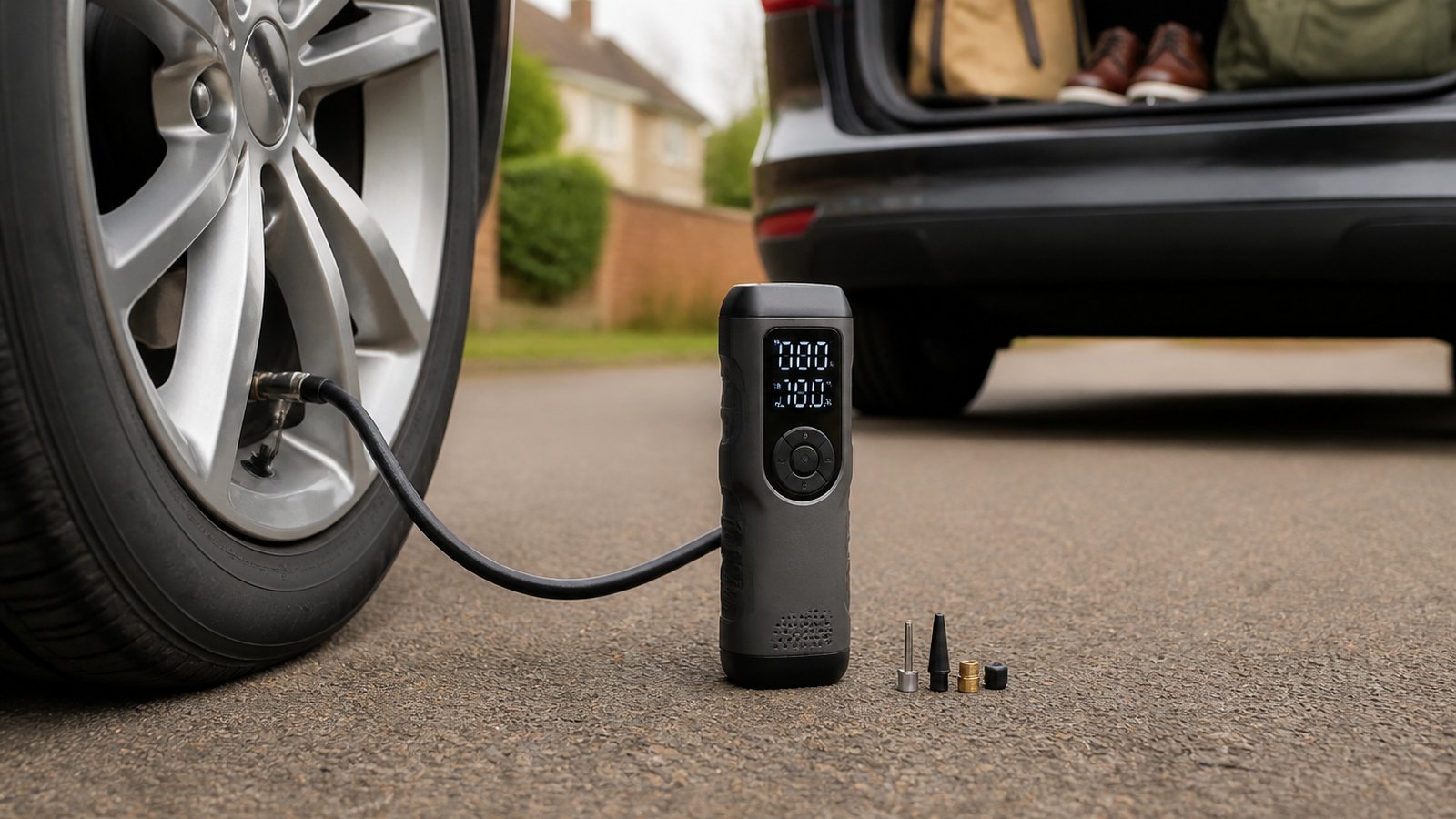 cordless portable digital tyre inflator in a clean UK lifestyle scene