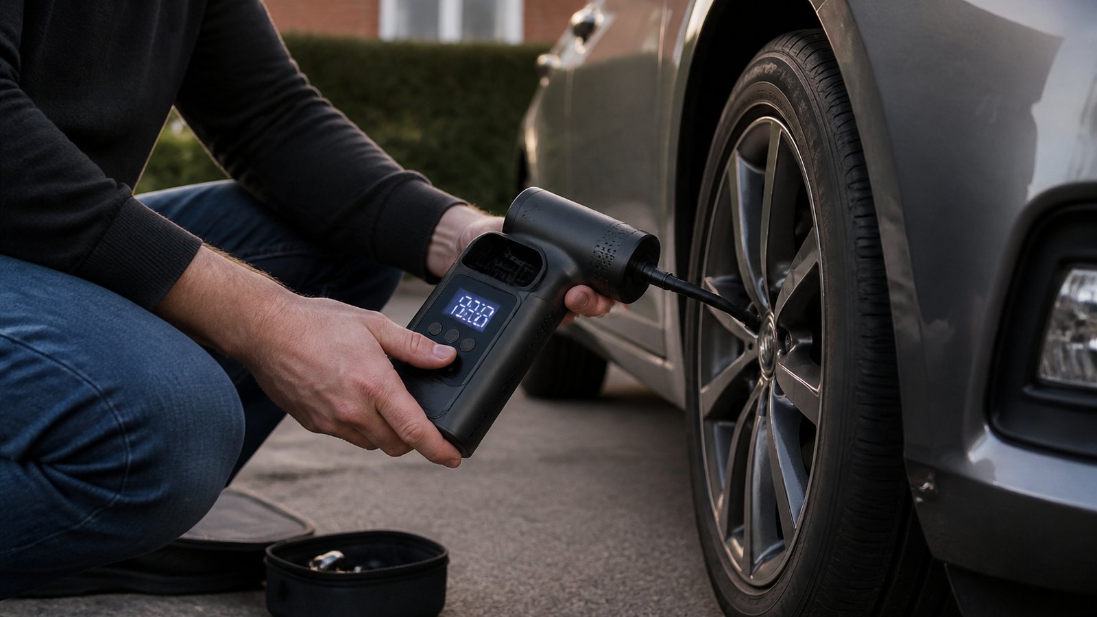 cordless portable digital tyre inflator in a clean UK lifestyle scene
