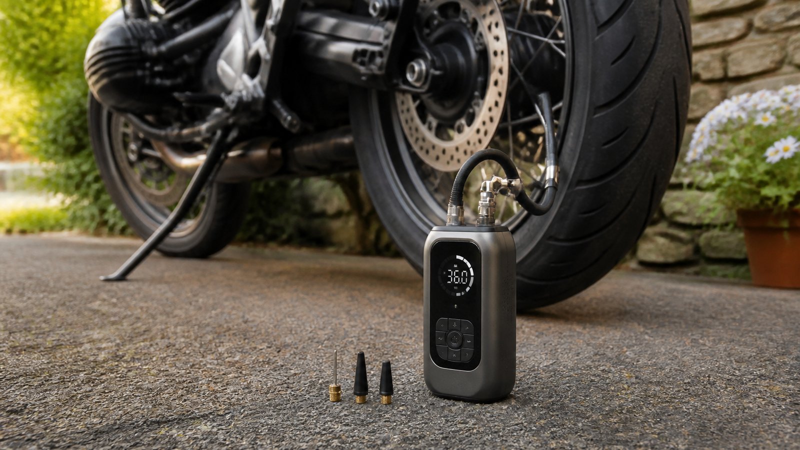 cordless portable digital tyre inflator in a clean UK lifestyle scene