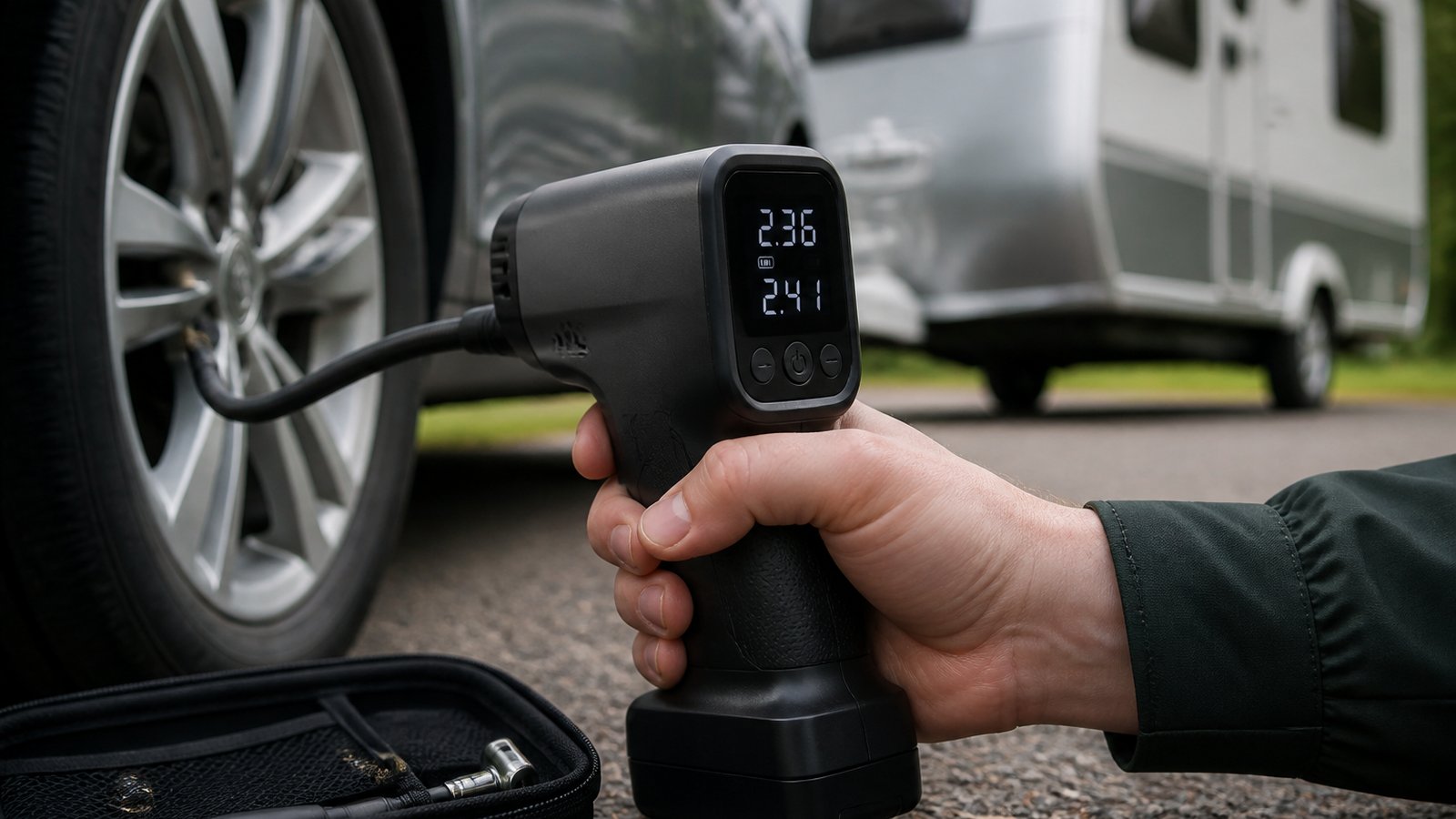 cordless portable digital tyre inflator in a clean UK lifestyle scene