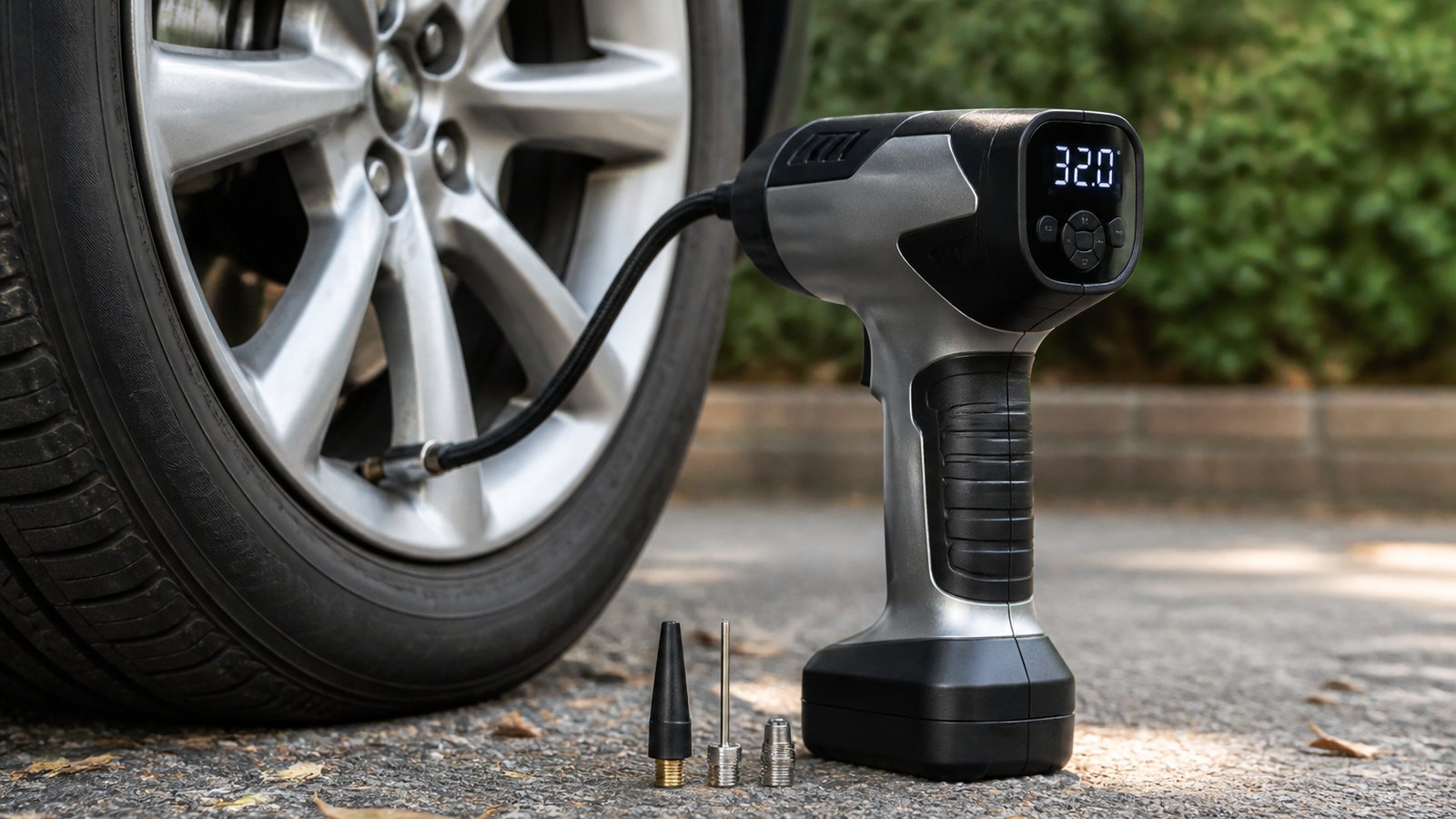 cordless portable digital tyre inflator in a clean UK lifestyle scene
