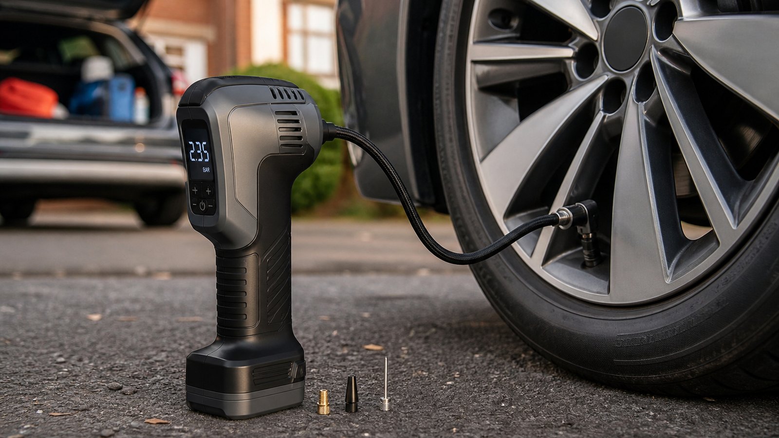 cordless portable digital tyre inflator in a clean UK lifestyle scene