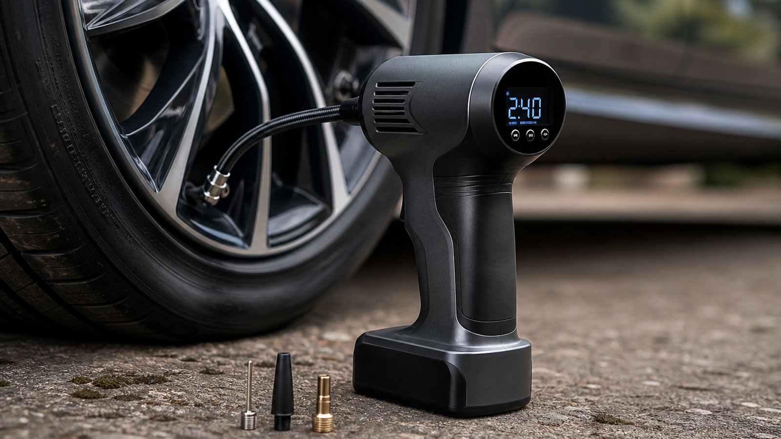 cordless portable digital tyre inflator in a clean UK lifestyle scene