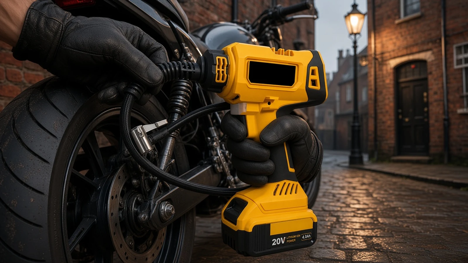 Comparison of a petrol station air hose and a portable cordless tyre inflator for UK cars
